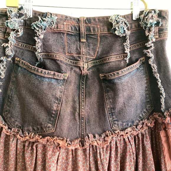 Upcycled Boho Tiered Jean Top Ruffled Hem Raw Edge Patchwork Midi Skirt Med to L - Picture 8 of 15